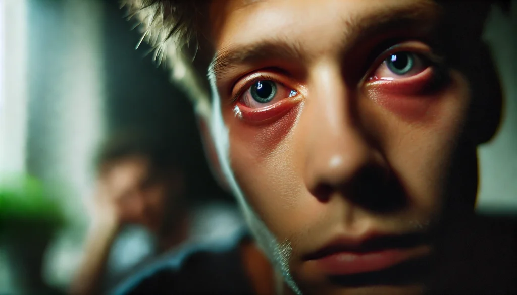 A close-up of a person's face with tired, bloodshot eyes, looking dazed and unfocused. The blurred background enhances the sense of extreme fatigue.