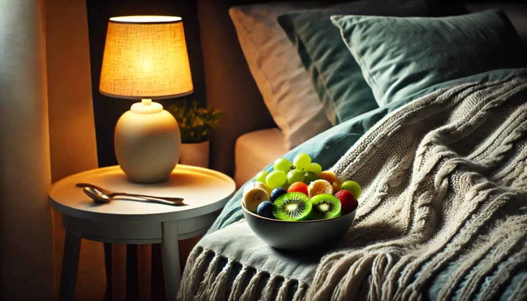 A peaceful bedside table at night featuring a bowl of mixed fruits, including kiwi slices, banana pieces, and grapes, with a softly glowing lamp and a cozy blanket in the background, creating a calming sleep-enhancing atmosphere.