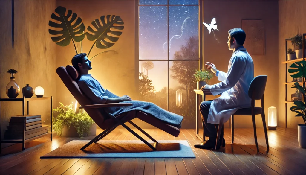 A tranquil therapy room with a professional hypnotherapist guiding a person through a sleep hypnosis session. The setup features a comfortable reclining chair, dim ambient lighting, and a calming environment that emphasizes relaxation and therapeutic focus.