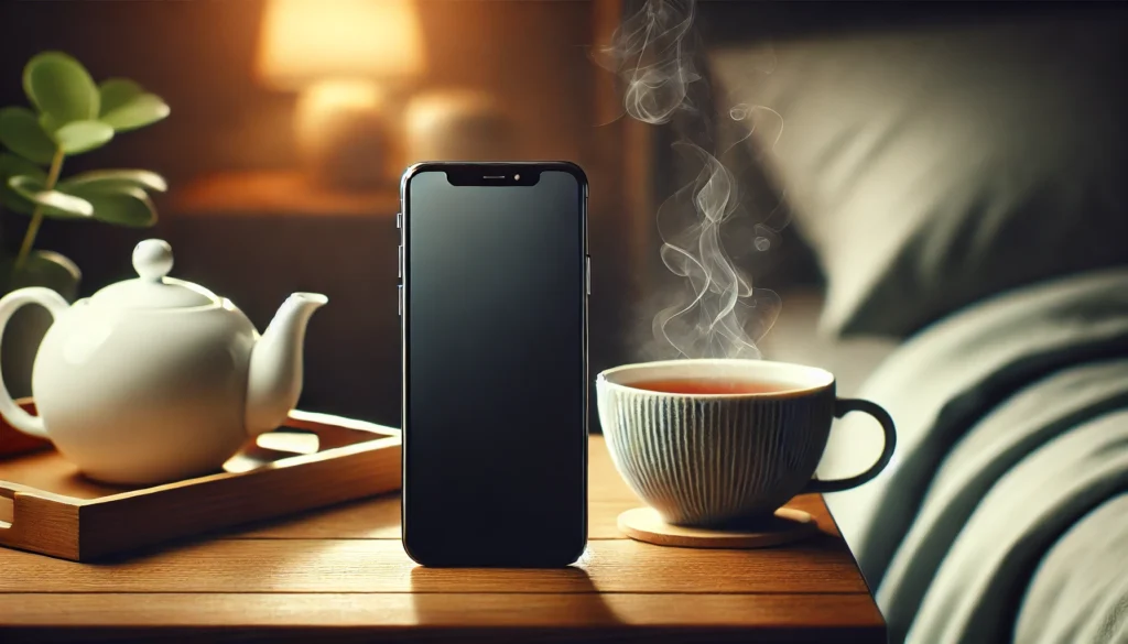 A smartphone glowing on a wooden bedside table next to a steaming cup of herbal tea, set against a softly lit bedroom background, evoking a cozy nighttime ambiance.