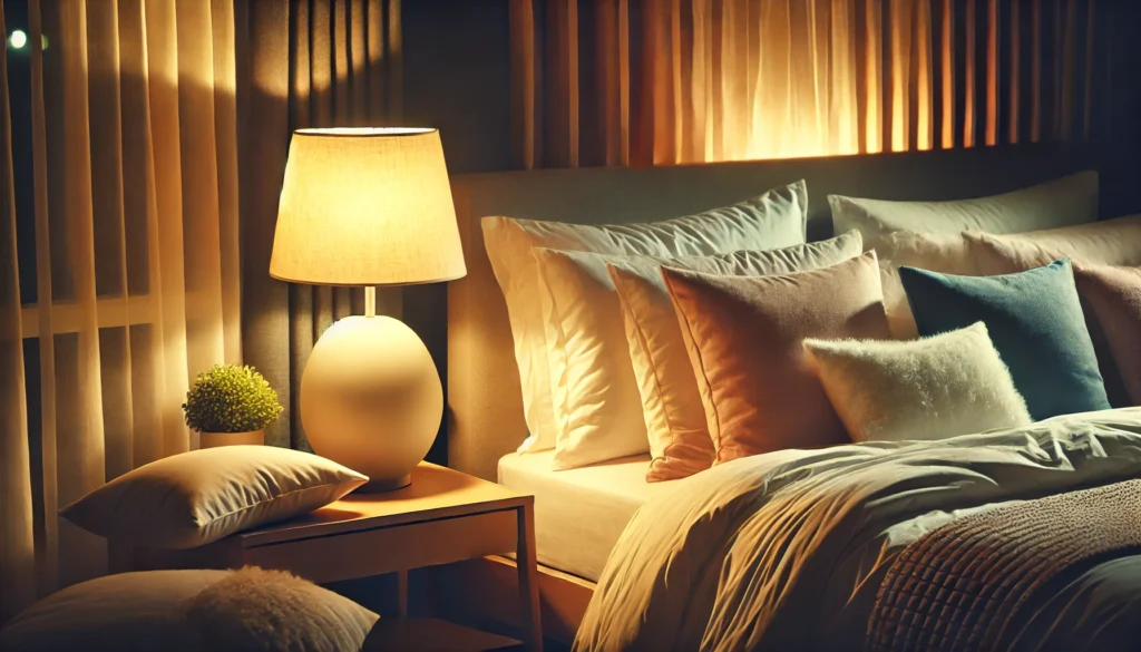 A tranquil bedroom at night illuminated by soft, warm lighting from a bedside lamp, featuring a cozy bed with fluffy pillows and a serene ambiance ideal for restful sleep.