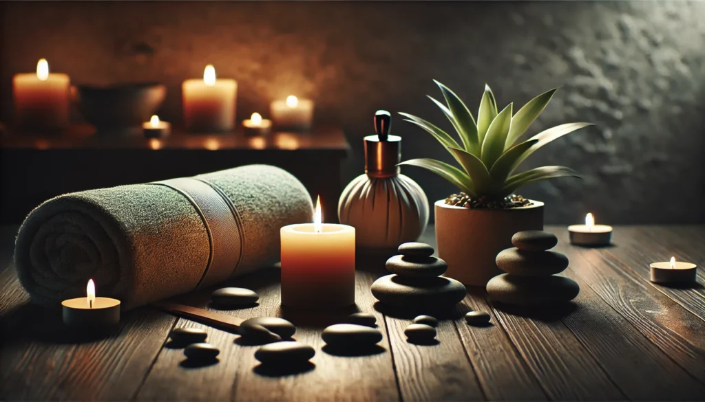 A serene spa-like setting with a dimly lit candle, smooth pebbles, and a small plant on a wooden surface, creating a tranquil and relaxing atmosphere to promote restful sleep.