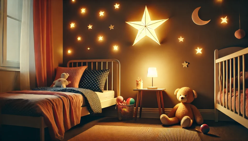 A serene children's bedroom at night, featuring a softly glowing star-shaped nightlight on the wall, a small bed with colorful bedding, and a few plush toys arranged neatly. The warm and calm ambiance emphasizes the importance of a safe and comforting sleep environment for children, free of text or overlays.