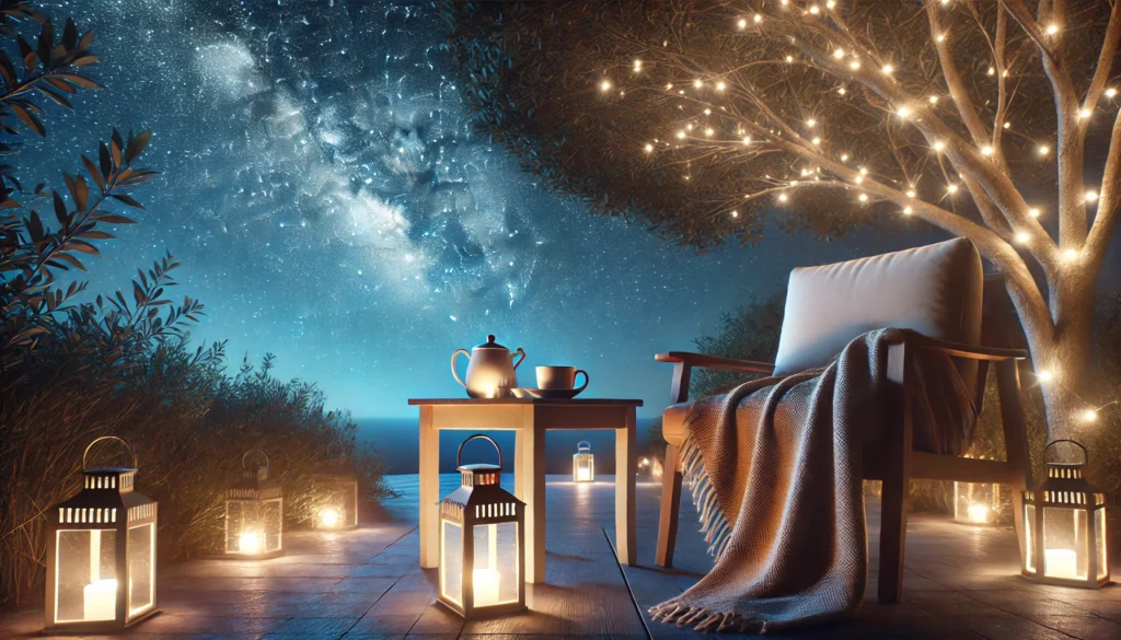 A peaceful nighttime scene showcasing a starry sky above a cozy outdoor setup. A comfortable chair draped with a blanket sits next to a small table holding a cup of tea, surrounded by glowing fairy lights and a lantern. The ambiance is serene and invites relaxation under the stars.