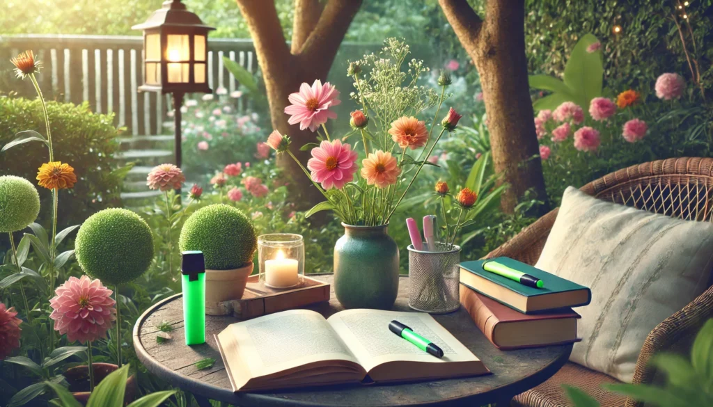 A peaceful outdoor reading area with a garden table holding an open book, a highlighter, and a notebook. The surrounding flowers and trees create a serene atmosphere that supports mindful and effective reading.