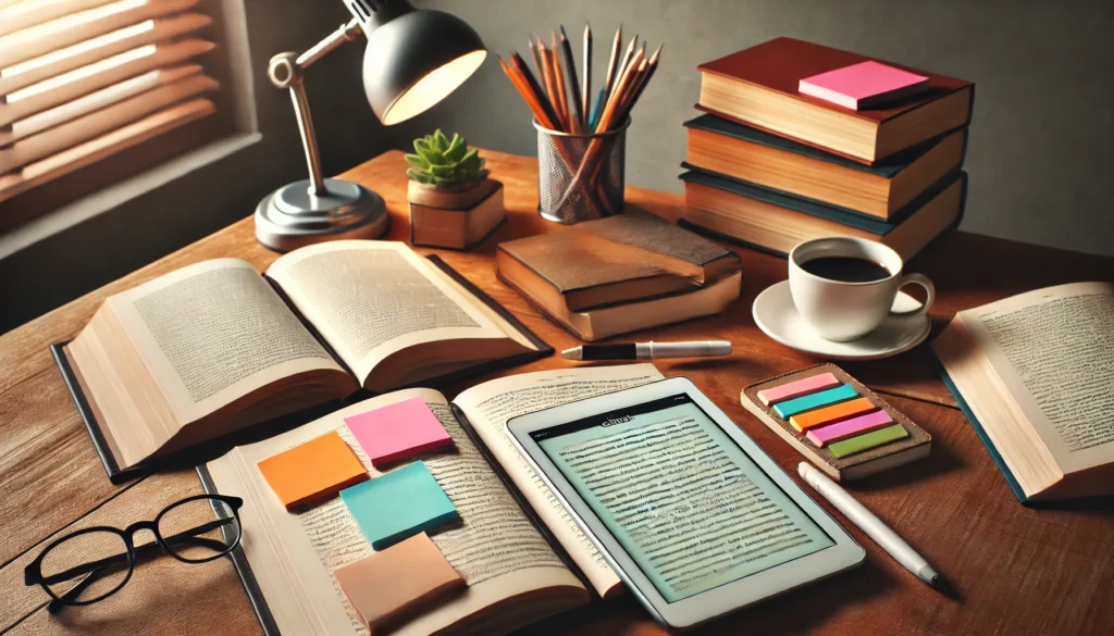 A well-organized study desk displaying an open book, a digital tablet with an e-book, and colored sticky notes on a notebook. A soft-lit lamp and a cup of coffee enhance the tools for applying efficient reading techniques.