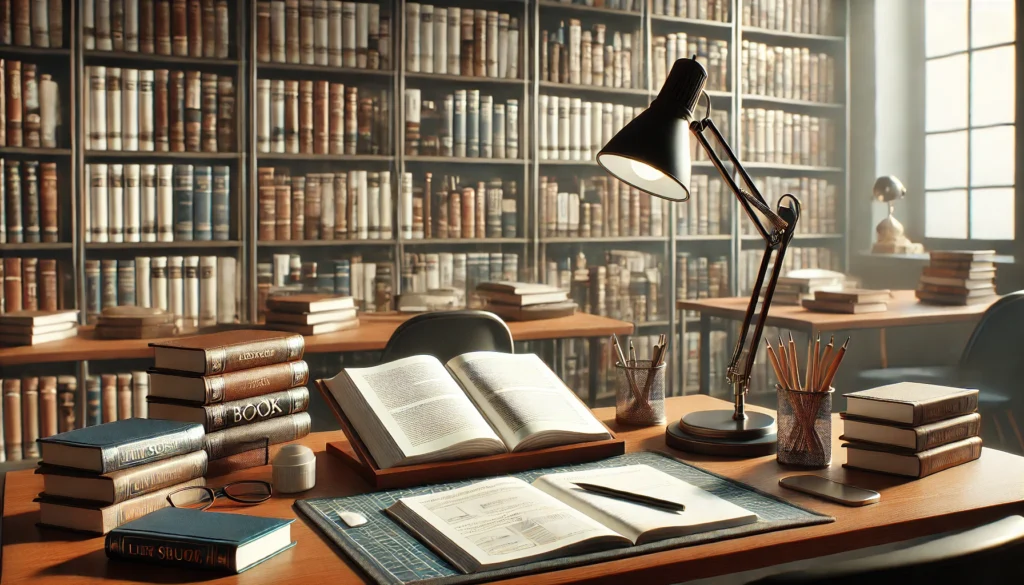 An academic library setting with a study table featuring a bookstand, an open book, a notepad, and a pencil case. The background of shelves filled with books emphasizes an environment ideal for mastering efficient reading strategies.