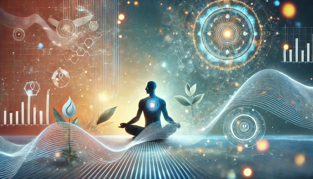 A futuristic digital artwork showcasing a calm individual practicing mindfulness, surrounded by glowing waves symbolizing relaxation, with elements representing meditation, deep breathing, and a balanced circadian rhythm.