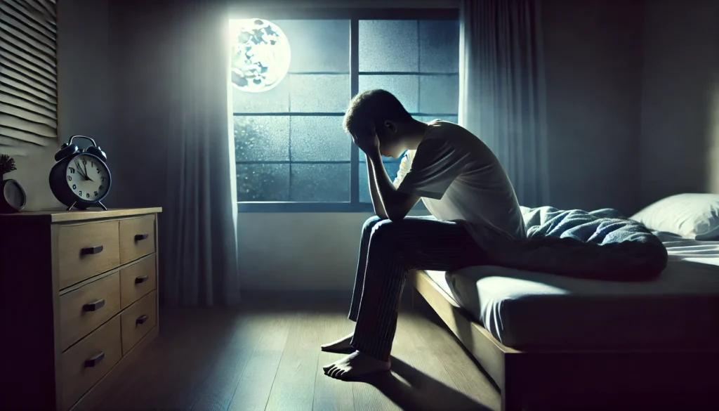 A person sitting on the edge of their bed at night, holding their head in their hands, struggling to fall asleep. The dim moonlight highlights their exhaustion and frustration.