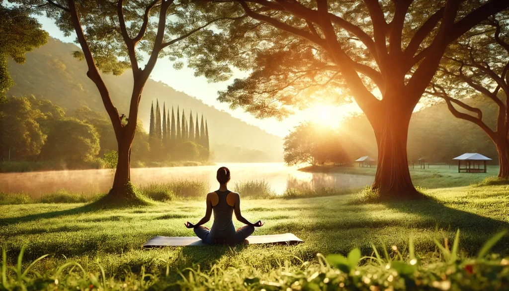 A person practicing yoga at sunrise in a natural setting, seated in a meditative pose on a grassy field surrounded by trees and a calm lake. Soft sunlight filters through the trees, emphasizing the connection between physical activity and sleep health in a peaceful, rejuvenating environment.