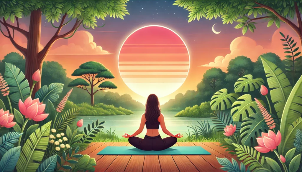 A tranquil outdoor setting with a woman practicing yoga in a meditative pose during sunset. The soft orange and pink sky, lush greenery, and serene ambiance emphasize relaxation and mindfulness as part of an evening bedtime routine.