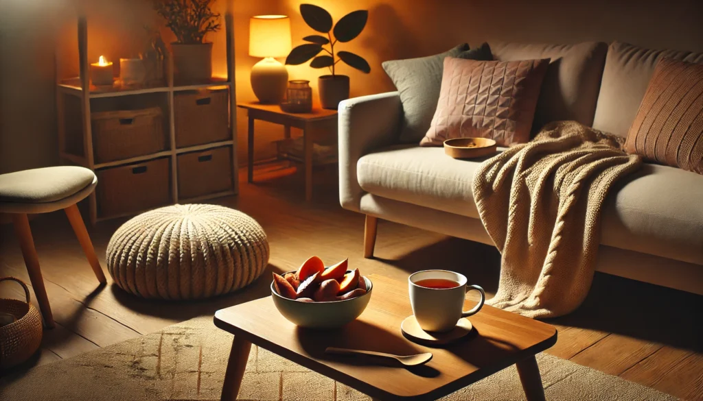 A tranquil living room with a soft couch and a small coffee table featuring a bowl of sweet potatoes and a cup of herbal tea, illuminated by warm ambient lighting to create a cozy and sleep-enhancing atmosphere.