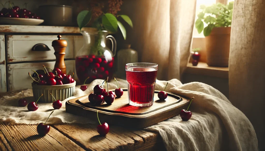 A peaceful kitchen corner featuring a glass of tart cherry juice on a rustic wooden tray, surrounded by fresh cherries, a soft linen cloth, and gentle evening light streaming through a window, creating a calm and health-focused atmosphere.