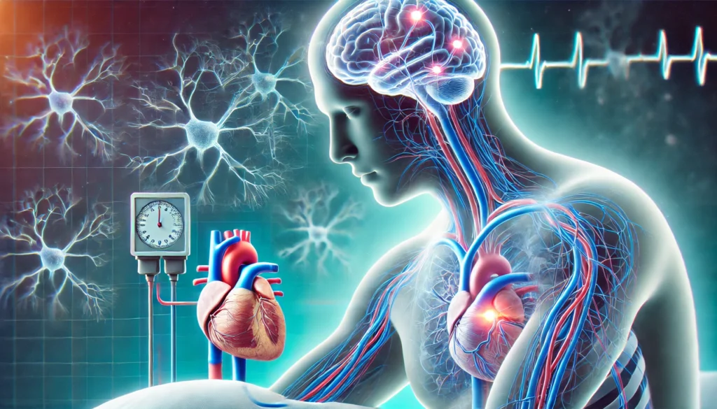 A scientific conceptual artwork displaying the autonomic nervous system’s role in blood pressure regulation during sleep, highlighting neural pathways between the brain, heart, and blood vessels.