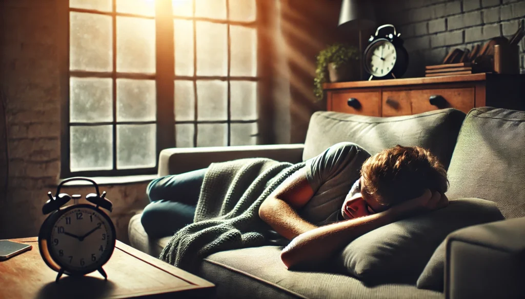 A person taking a power nap on a cozy couch during the day, bathed in soft natural light, illustrating the importance of short naps in restoring energy and combating sleep deprivation.