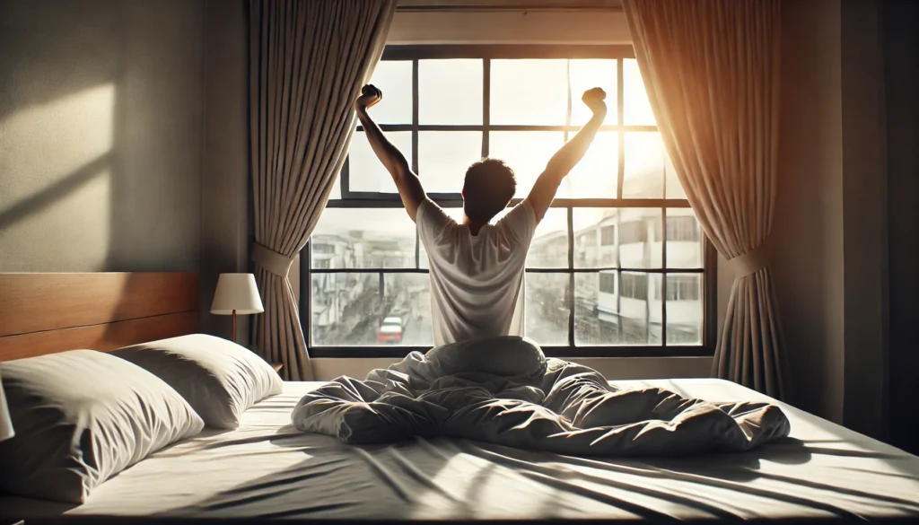 A person stretching in bed with natural morning light streaming through the window, looking refreshed and energized. The scene symbolizes the positive effects of a healthy wake-up routine and a well-balanced sleep cycle.