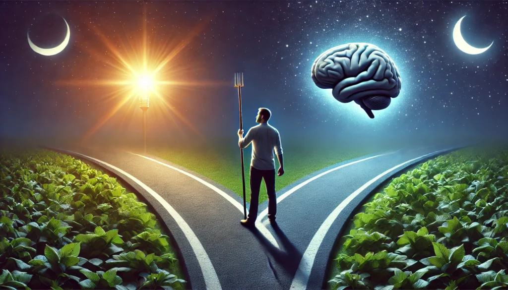 A conceptual image of a person standing at a fork in the road, with one path leading to a bright, well-rested brain and the other to a dark, fatigued mind, symbolizing the long-term consequences of sleep choices.