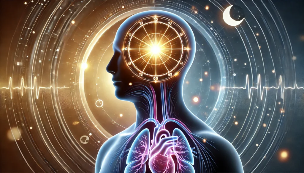 A conceptual illustration of the human circadian rhythm, featuring a glowing internal clock within a human silhouette against a background transitioning from day to night, symbolizing the sleep-wake cycle.