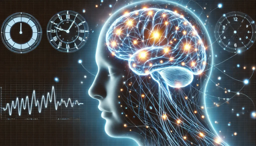 A conceptual illustration of the human brain with glowing neural pathways, representing the circadian rhythm’s role in regulating wakefulness. The visual highlights the biological clock’s influence on sleep-wake cycles.