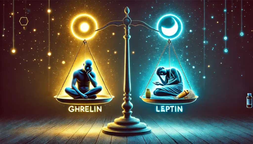 A symbolic image featuring a balanced scale with two glowing orbs representing ghrelin (hunger hormone) and leptin (satiety hormone). On one side, a person is sleeping peacefully, while on the other, a sleep-deprived individual craves unhealthy food, illustrating how sleep influences appetite and weight management. No text or symbols are present in the image.