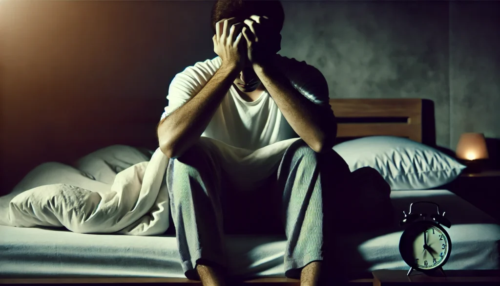 A person sitting up in bed, holding their head in their hands, struggling with insomnia due to stress. The dimly lit bedroom setting conveys frustration and exhaustion, highlighting the emotional impact of sleep disturbances.