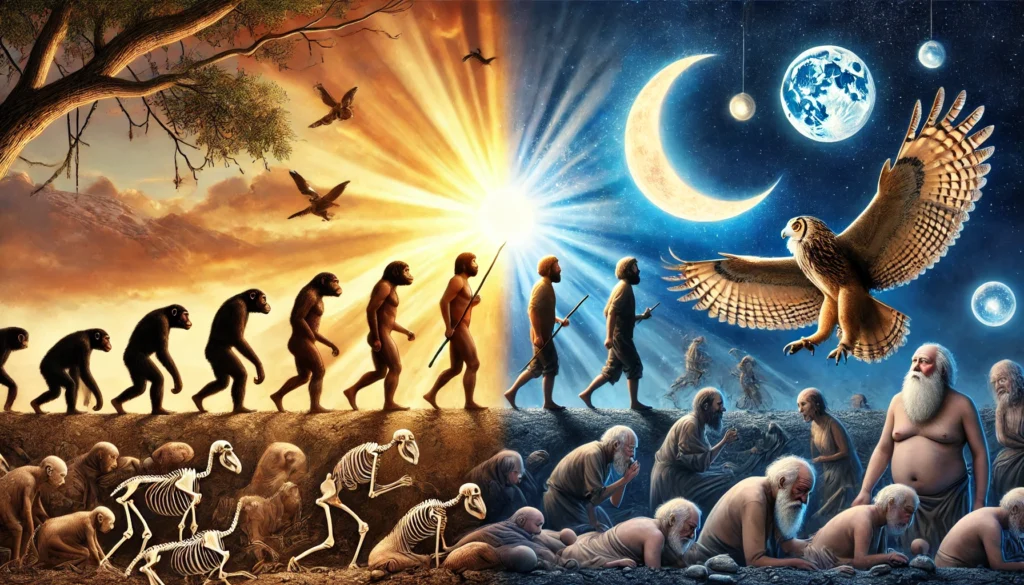 A conceptual image of early humans divided into two groups—some waking up with the sunrise while others remain alert under the moonlight, symbolizing the historical role of night owls in human survival and community protection.