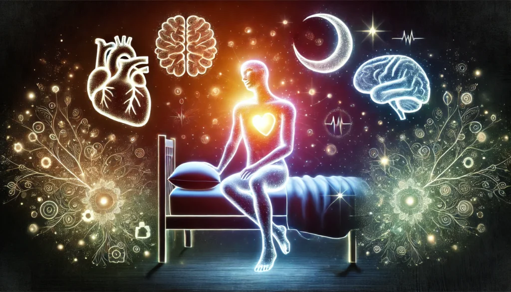 An artistic illustration showing a glowing human figure resting peacefully on a bed, surrounded by symbols of a heart, brain, and crescent moon, representing the interconnected benefits of physical, mental, and sleep health for young adults.