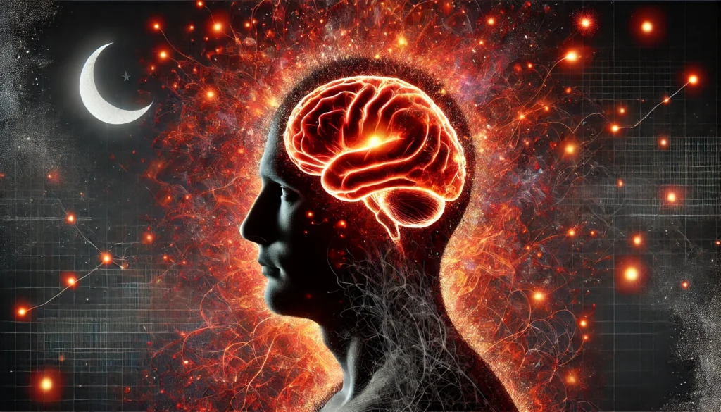 A striking image of a human silhouette with an overactive, chaotic brain illuminated by red and orange hues, symbolizing stress, hormonal imbalances, and anxiety caused by sleep deprivation, set against a dark background.