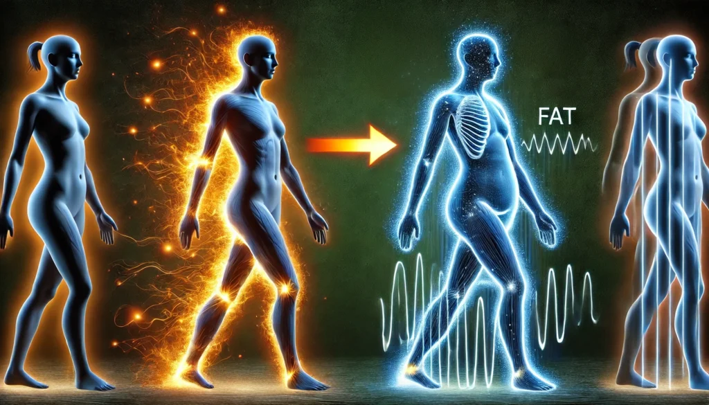 A conceptual image of a human silhouette with glowing energy pathways, where one side appears sluggish with slow-moving energy flow and fat accumulation, while the other side is active and balanced, visually representing the effects of poor sleep on weight gain. No text or symbols are present in the image.