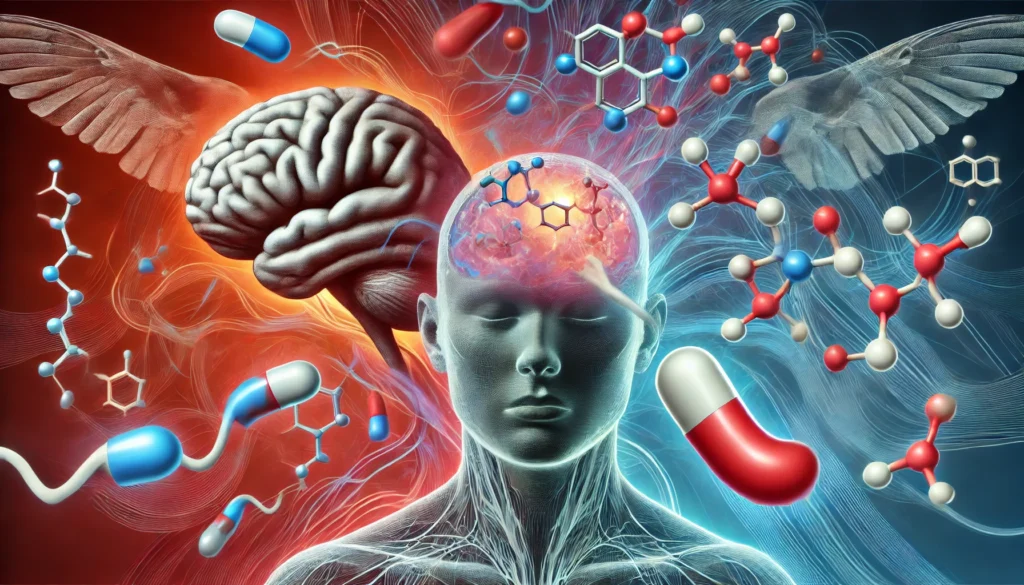 A conceptual illustration of cortisol and adrenaline hormones interacting with the brain, symbolizing how stress disrupts sleep patterns and causes restlessness. The abstract representation highlights the physiological effects of stress on sleep.