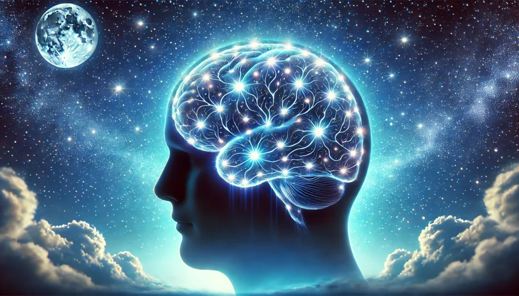 A symbolic image of a human brain with glowing neural pathways, set against a deep blue night sky filled with stars, representing the heightened creativity and cognitive function of night owls.