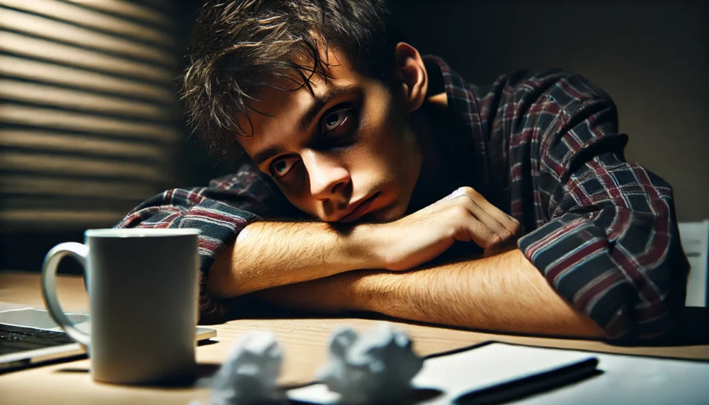 A tired individual sitting at a desk with dark circles under their eyes, a weary expression, and slouched posture. Harsh artificial light highlights scattered papers and an empty coffee cup, symbolizing the physical toll of sleep deprivation.