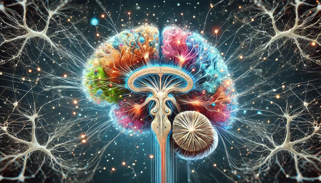 A scientifically accurate illustration of the pons located within the brainstem, showcasing its connections to the cerebellum and cerebral cortex, depicted with vibrant neural pathways for educational clarity.