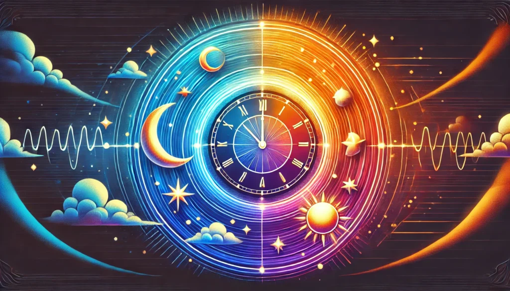 An artistic depiction of circadian rhythms featuring a vibrant clock surrounded by symbols of night and day, including a crescent moon, stars, and a glowing sun. The gradient transitions from deep blue to bright orange, representing the natural sleep-wake cycle.