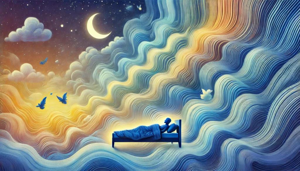 An abstract representation of REM and non-REM sleep stages, featuring a peaceful figure in bed surrounded by colorful waves symbolizing different sleep phases. The tranquil setting includes subtle moonlight and starry night elements, emphasizing the harmony of sleep cycles.