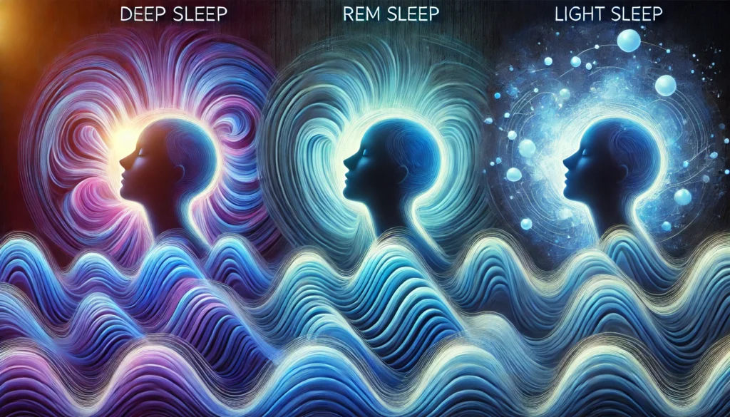 An artistic depiction of sleep stages, featuring a human silhouette enveloped in abstract waves of blue and purple hues. The fluid transitions between deep sleep, REM sleep, and light sleep illustrate the restorative process, emphasizing the importance of each phase in sleep recovery and overall well-being.