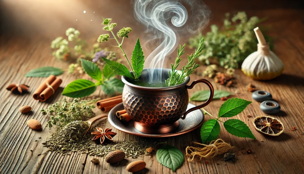 A steaming herbal tea cup with energy-boosting herbs like yerba mate, green tea leaves, and ginseng, placed on a wooden table. The steam swirls upward, symbolizing revitalization and natural energy support.