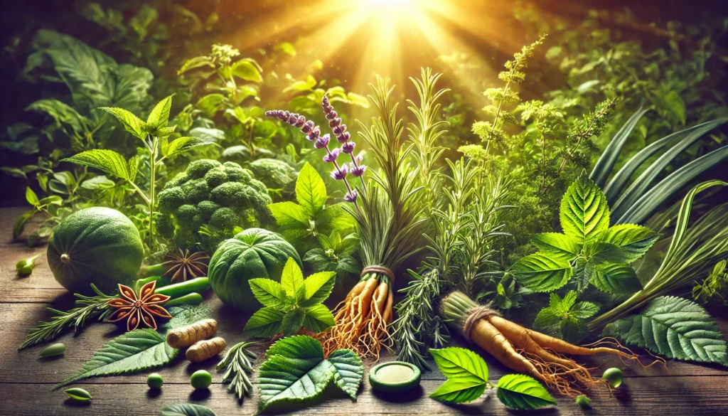 A lush green garden filled with energy-boosting herbs such as ginseng, rosemary, and guarana. The sunlight bathes the herbs in a golden glow, symbolizing natural vitality and endurance.