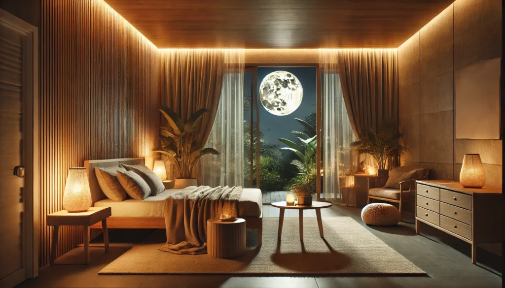 A serene bedroom bathed in soft, warm lighting, featuring natural wooden furniture and earthy tones. Moonlight streams through partially open curtains of a large window, creating a calm and relaxing atmosphere ideal for maintaining a healthy circadian rhythm.