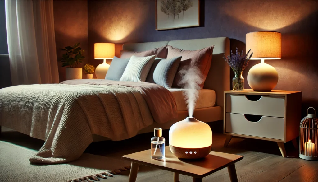 A serene bedroom featuring a cozy bed with plush bedding, a bedside table with a glowing night lamp, and a lavender diffuser emitting mist. The calming ambiance is perfect for a relaxing and restorative bedtime routine.