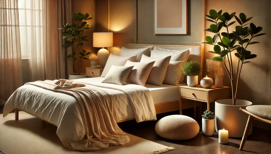 A serene bedroom featuring a neatly made bed with soft linens and cozy pillows, illuminated by warm ambient lighting. Calming natural elements like potted plants and wooden furniture create an inviting environment conducive to quality REM sleep.