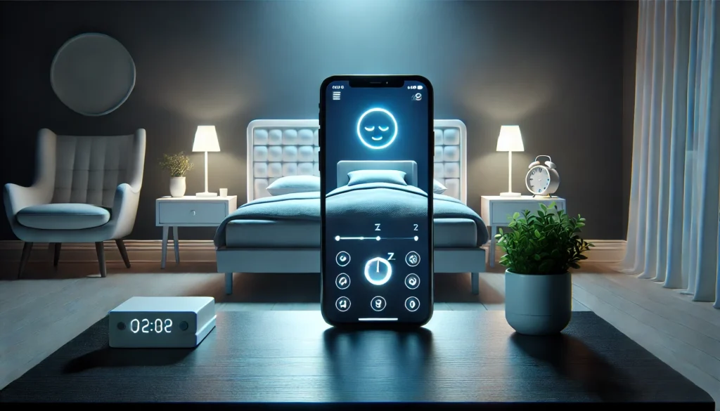 A serene nighttime bedroom scene featuring a glowing smartphone displaying a modern sleep app interface on a minimalist nightstand. The room includes a neatly made bed, ambient lighting, a small potted plant, and a wall clock with a heart symbol prominently positioned at its center, free from numbers, logos, and textual elements.