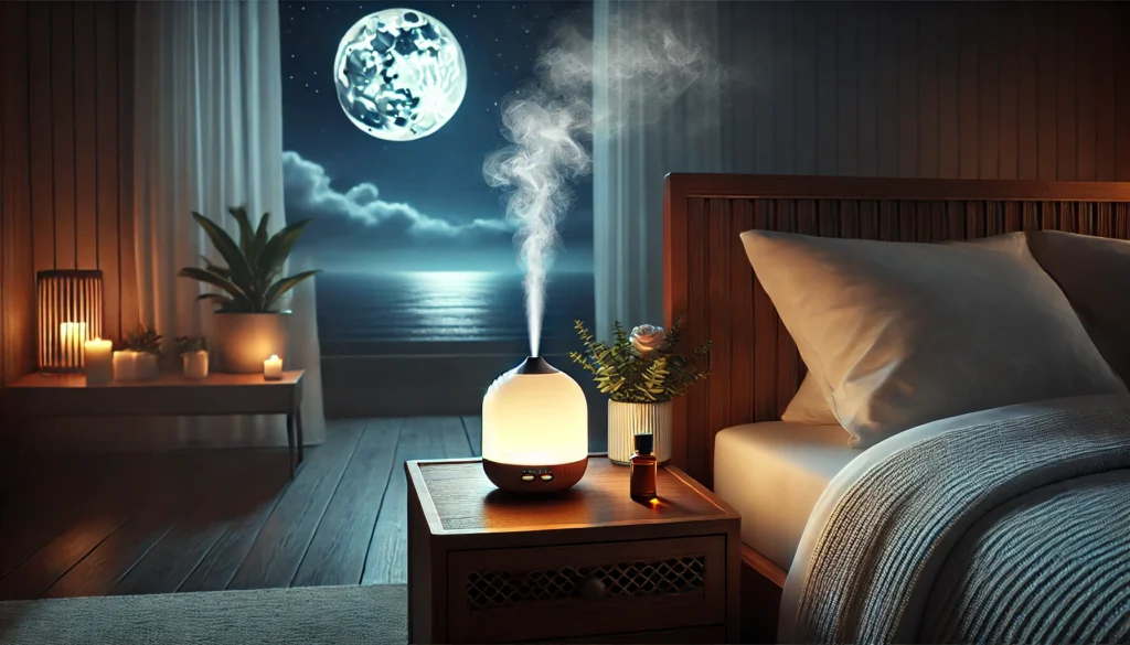 A serene bedroom with a diffuser releasing a gentle mist of essential oil, creating a relaxing nighttime atmosphere perfect for restful sleep. The room features soft lighting, a cozy bed, and a peaceful ambiance.