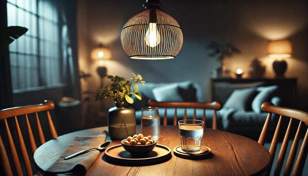 A serene nighttime dining table with a small plate of cashew nuts, a glass of water, and a warm glow from a pendant light, complemented by a vase with flowers and a cozy, inviting atmosphere.