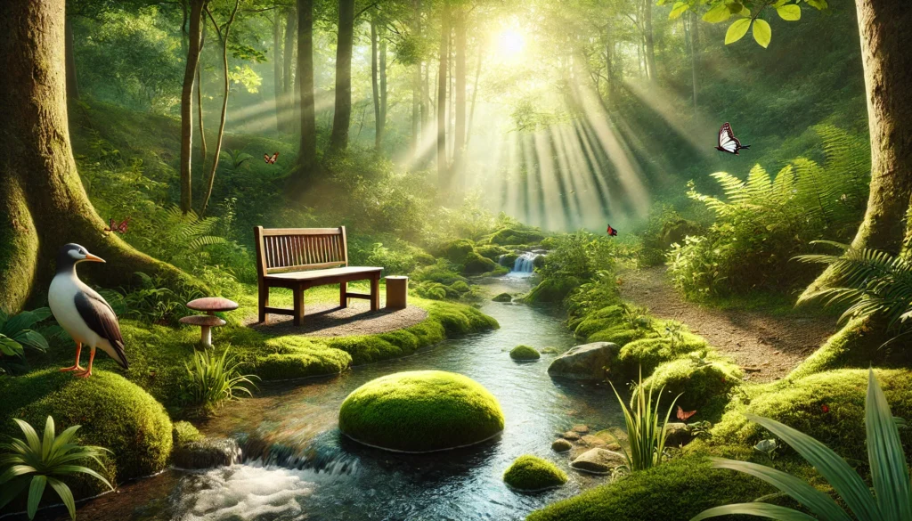 A serene forest clearing with a bubbling stream, moss-covered rocks, and sunlight filtering through the trees. A simple wooden bench provides a spot for mindfulness and relaxation, surrounded by birds and butterflies.