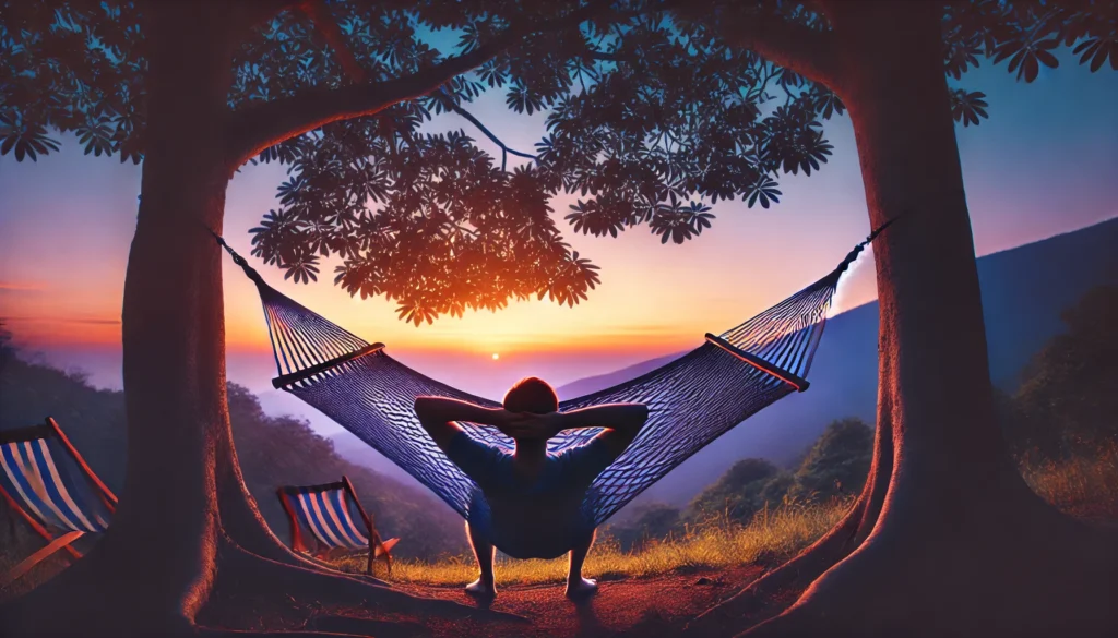 A serene outdoor setting at dusk with a hammock strung between two trees. A young adult relaxes in the hammock, surrounded by soft orange and purple hues of the transitioning sky, promoting relaxation and better sleep habits.