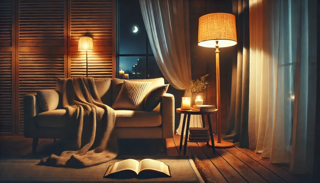 An inviting nighttime living room featuring a plush sofa with a soft blanket, an open book on the coffee table, and warm ambient lighting from a floor lamp, creating a calm environment for unwinding before sleep.