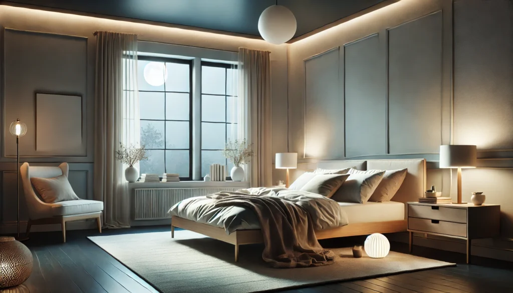 A modern, calming bedroom with soft lighting and minimalist decor. The space features a comfortable bed with neutral bedding, moonlit windows, and a cozy nightstand holding a lamp and tea, promoting restful sleep and relaxation