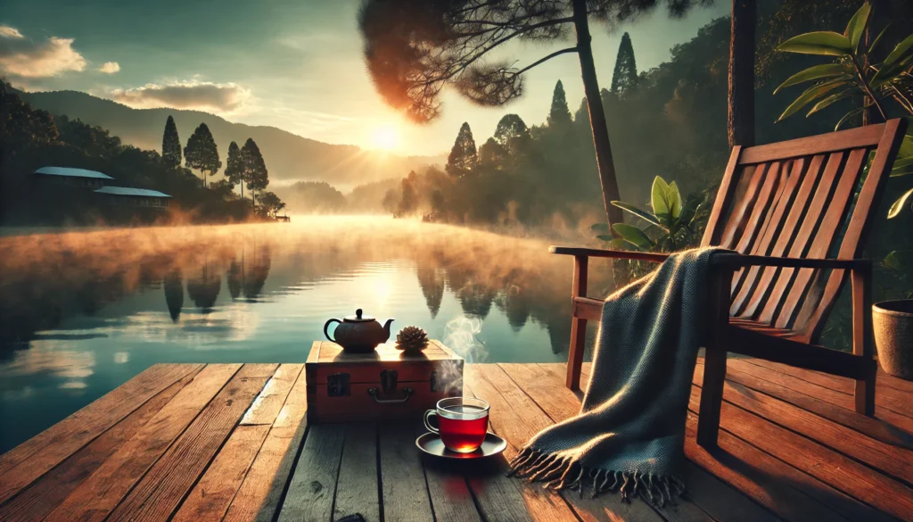 A serene morning outdoor scene with a wooden deck overlooking a misty lake, featuring a cozy chair, a blanket, and a steaming cup of tea, symbolizing relaxation and the benefits of a peaceful wake-up routine.