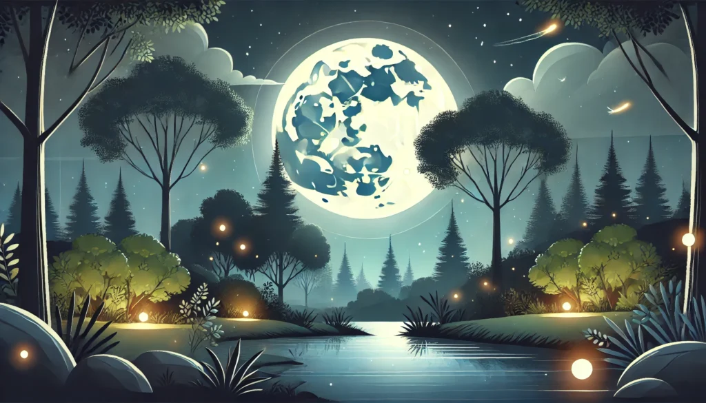 A serene night scene with a large moon illuminating a quiet forest. Soft shadows are cast by the trees, while a calm stream reflects the moonlight. Fireflies add a magical glow, embodying tranquility and the natural rhythms that promote restful sleep.